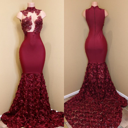 Gorgeous Burgundy High Neck Prom Dress Mermaid Appliques With Flowers Bottom