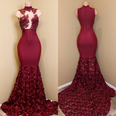 Gorgeous Burgundy High Neck Prom Dress Mermaid Appliques With Flowers Bottom