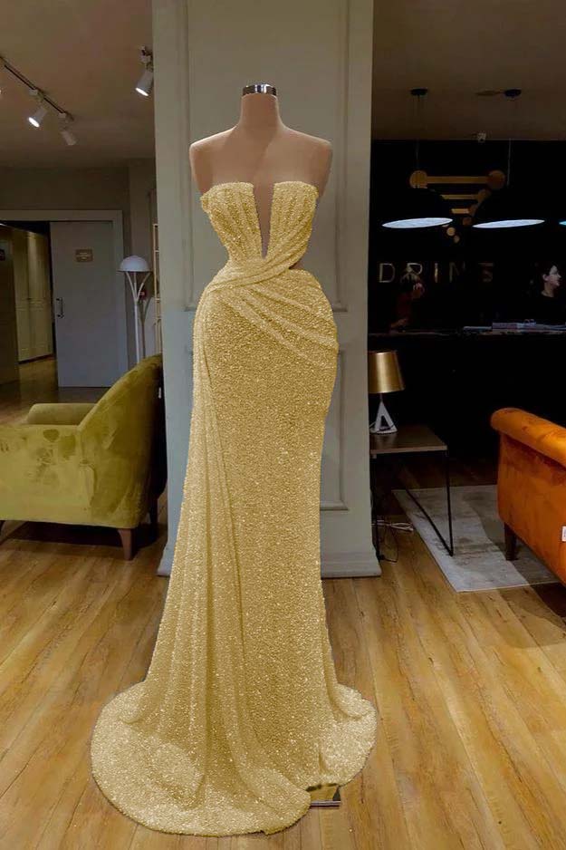  Gorgeous White Sequins Strapless Mermaid Prom Dress