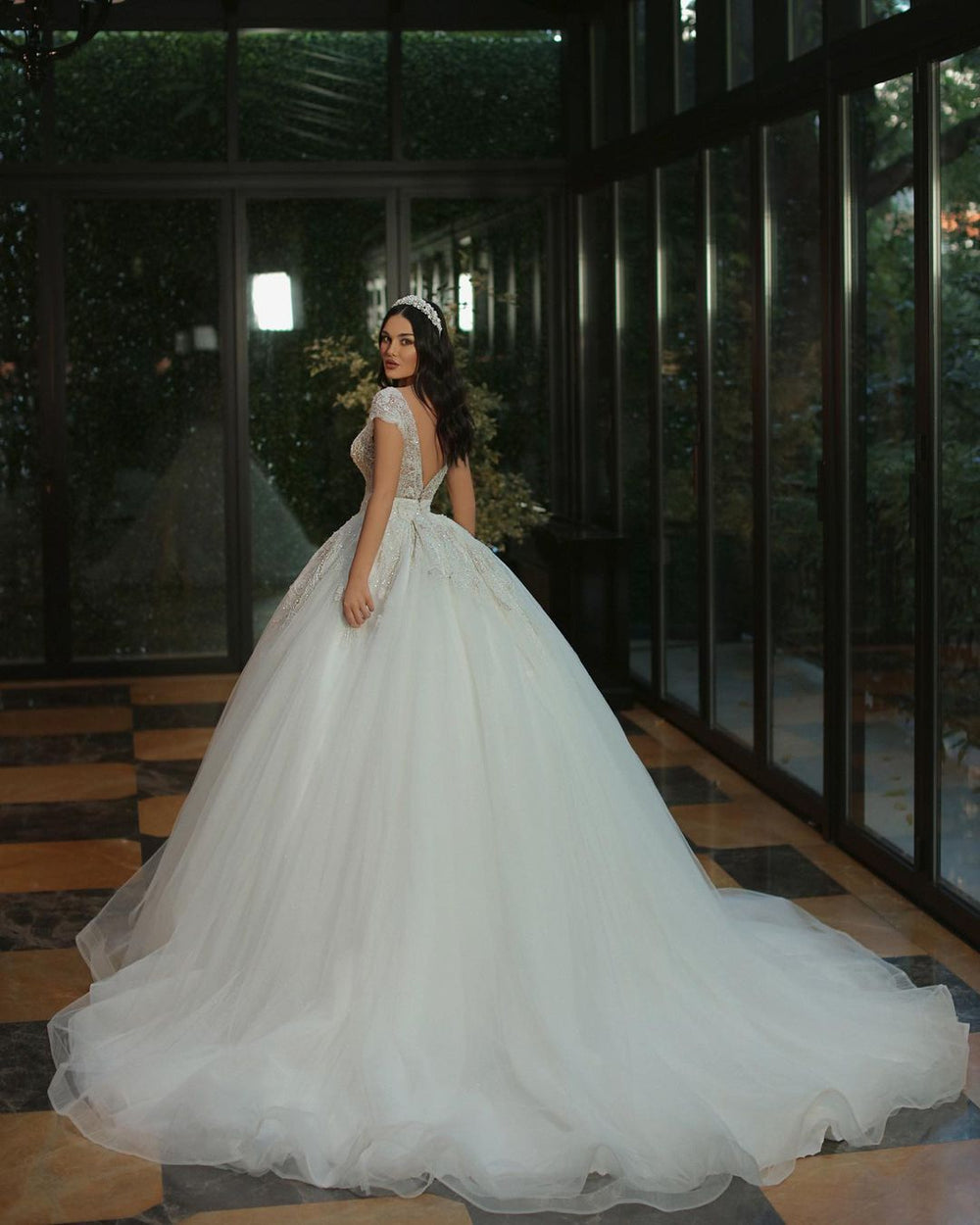 Elegant V-neck A-line Beaded Tulle Wedding Gown with Long Cap Sleeves