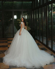 Elegant V-neck A-line Beaded Tulle Wedding Gown with Long Cap Sleeves