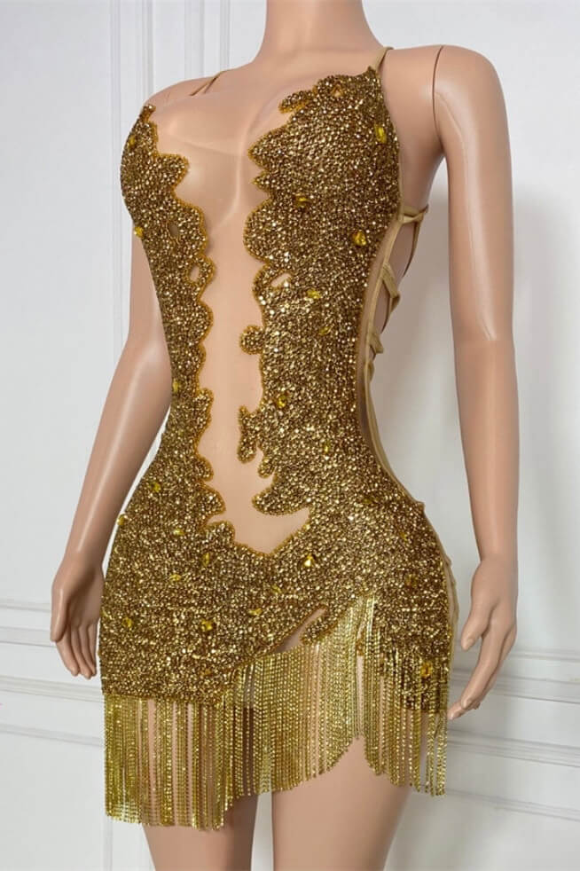 Modern Gold Spaghetti-Straps Sleeveless Short Prom Dress With Beadings Tassels