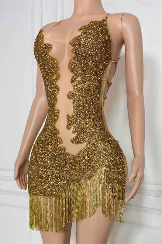 Modern Gold Spaghetti-Straps Sleeveless Short Prom Dress With Beadings Tassels