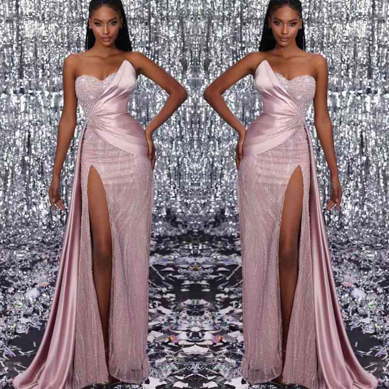 Classic Sweetheart Pink Prom Dress Mermaid Split With Beads