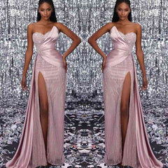 Classic Sweetheart Pink Prom Dress Mermaid Split With Beads