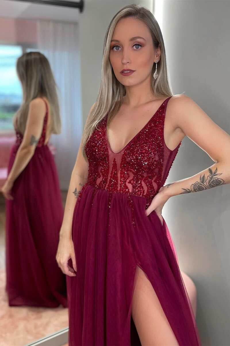 Modern V-Neck Straps A-Line Tulle Prom Dress Sequins Beadings With Split