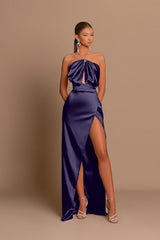 Chic Pink Evening Dress Sleeveless Strapless with Side Slit Pleated