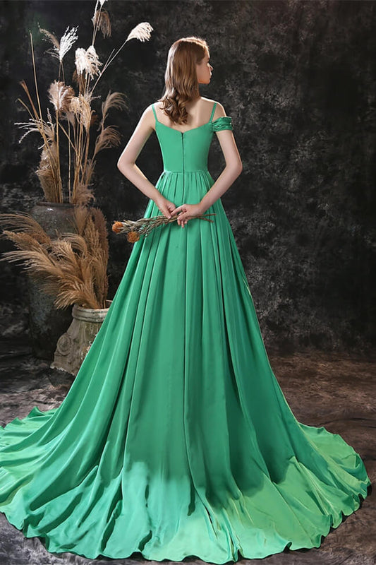 Gorgeous Green Off-the-Shoulder Long Prom Dresses Split With Flower Embrodiary