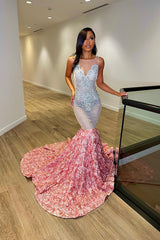 Elegant Coral Evening Dress Sequins Long Flower With V Neck Tulle