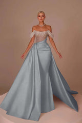 White Off-the-Shoulder Sequins Long Prom Dress Sleeveless with Beads