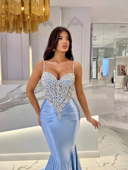 Baby Blue Mermaid Prom Dress Long Sweatheart Sleeveless with Beads