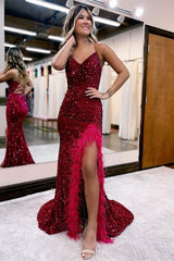 Charming Spaghetti-Straps Velvet Sequins Mermaid Prom Dress Sleeveless Split With Feather
