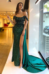 Stunning Dark Green Off-the-Shoulder Sequins Prom Dress Split Long