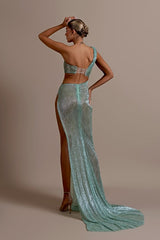  Mint Green One Shoulder Long Prom Dress Sleeveless with Split