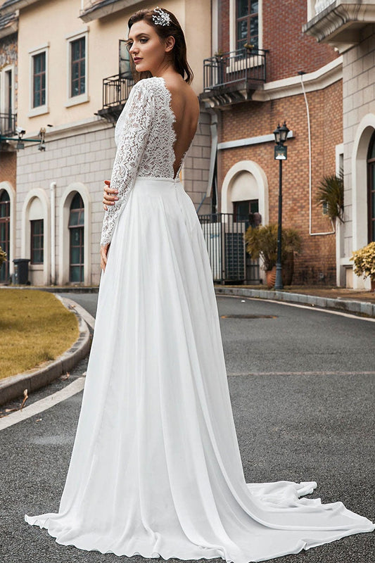 Chiffon Lace Wedding Dress with Long Sleeves