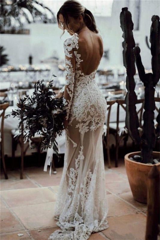 Backless Mermaid Wedding Dress with Long Sleeves and Lace Appliques in Tulle