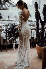 Backless Mermaid Wedding Dress with Long Sleeves and Lace Appliques in Tulle