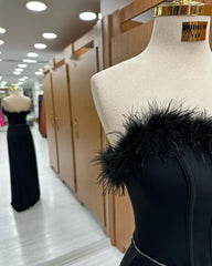 Mermaid Prom Dress Long Black Feather Sleeveless Strapless