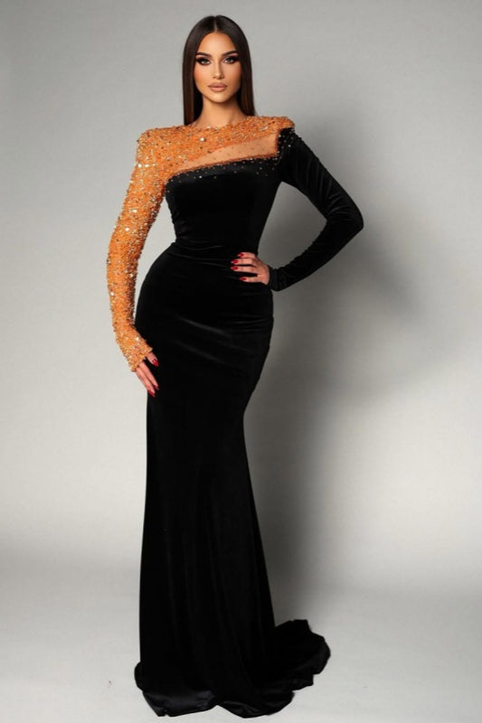 Black Velvet Long Prom Dress Mermaid Long Sleeves with Sequins