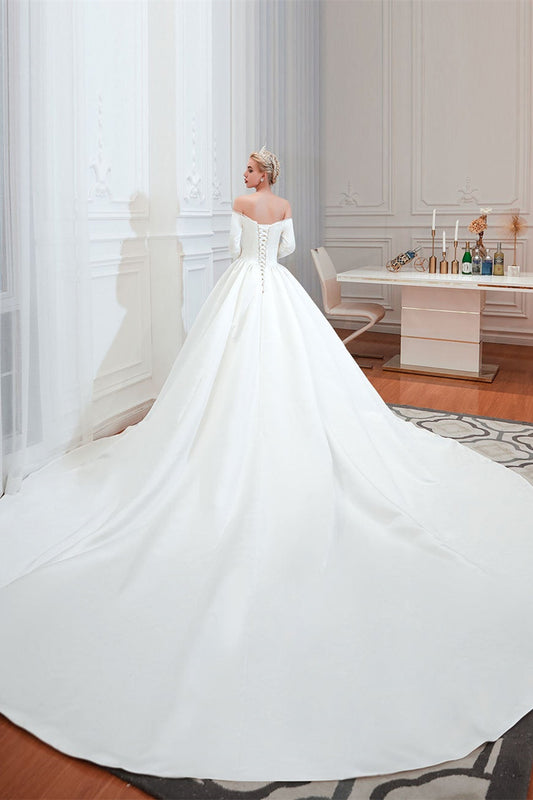 Off-the-Shoulder Satin Wedding Gown with Half Sleeves