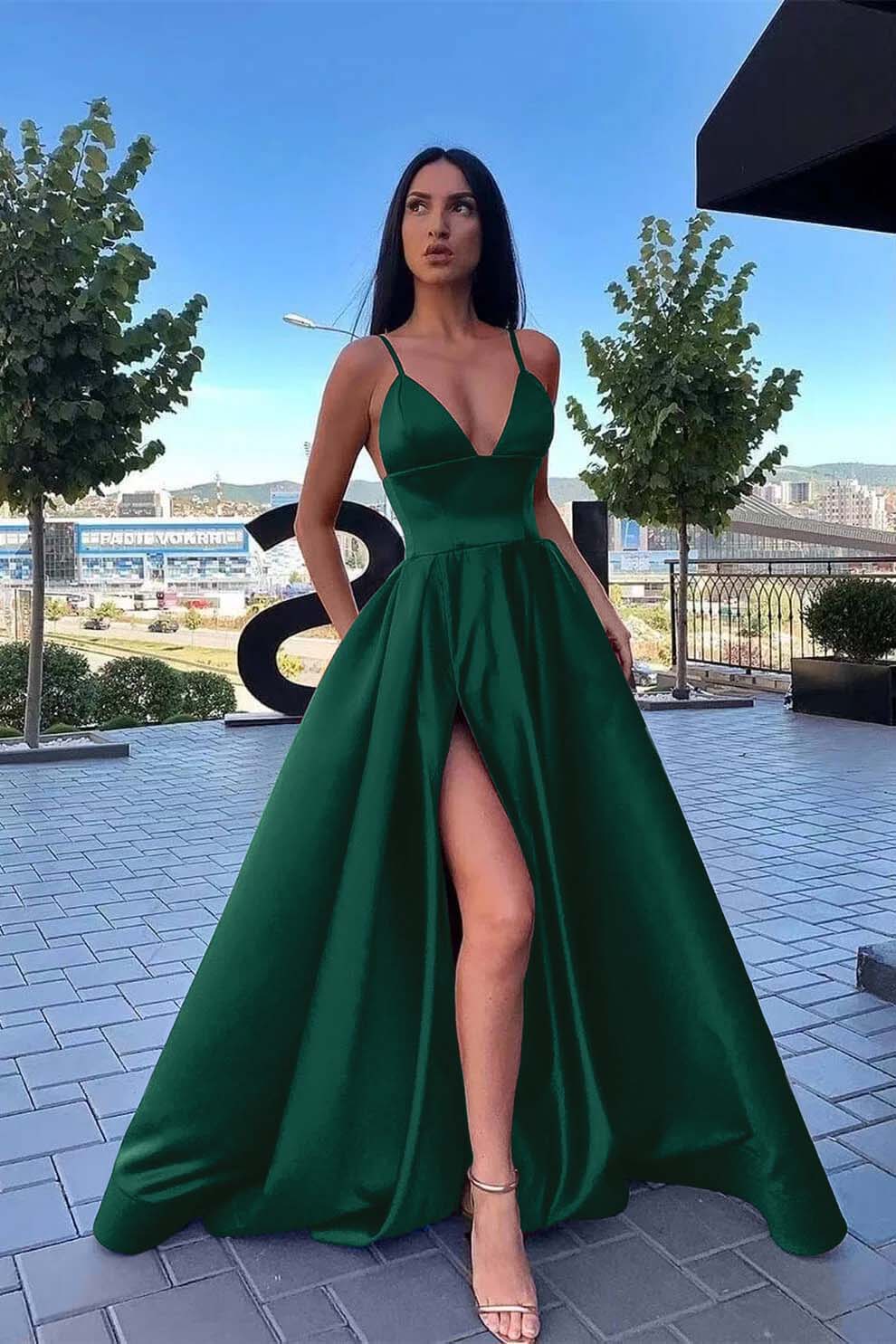  Elegant Burgundy Evening Dress Spaghetti-Straps A Line Split with Pockets