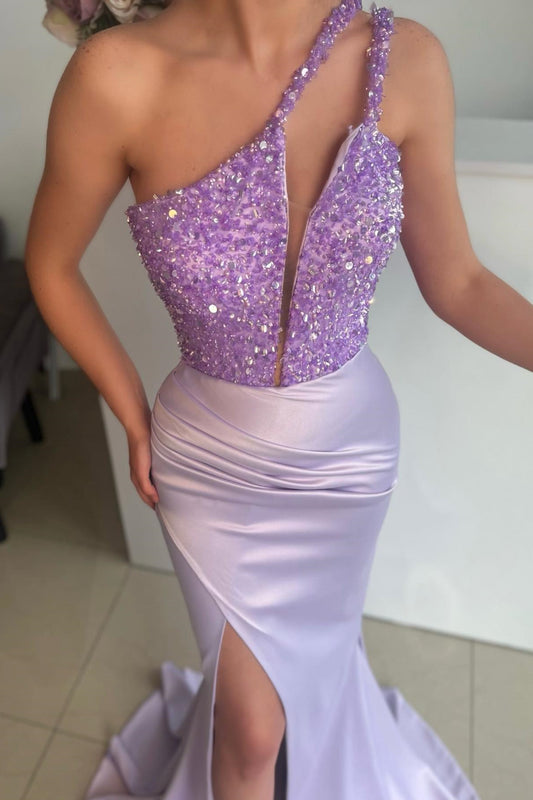 New Arrival Lilac One Shoulder Sleeveless Mermaid Prom Dress Sequins With Split