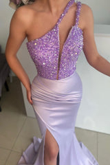 New Arrival Lilac One Shoulder Sleeveless Mermaid Prom Dress Sequins With Split
