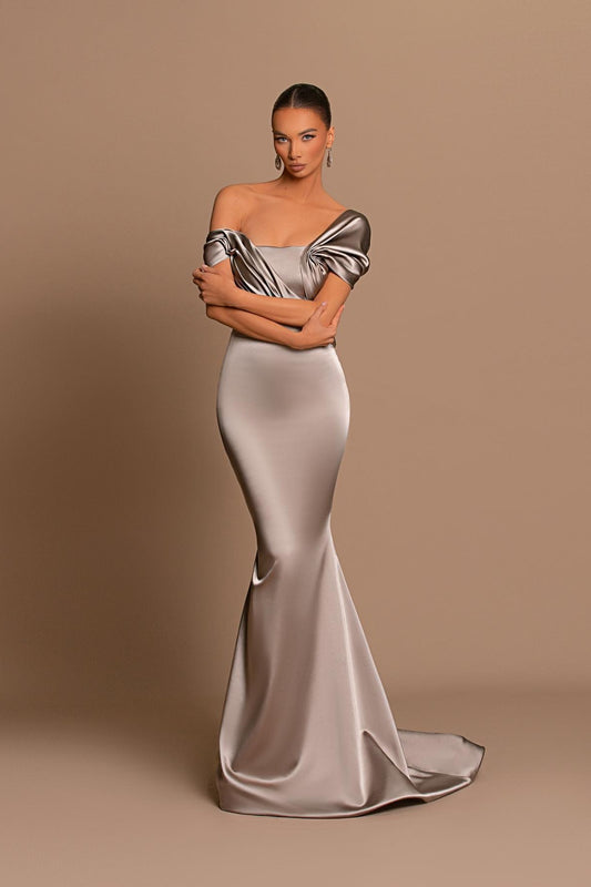 Grey Evening Dress Off-the-Shoulder Bateau Pleated Gown