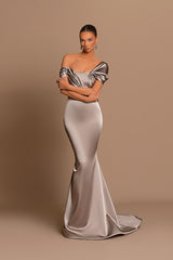 Grey Evening Dress Off-the-Shoulder Bateau Pleated Gown