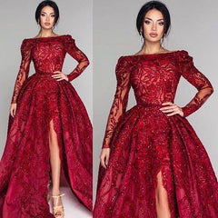 Long Sleevess Burgundy Stunning Sequins Prom Dresses Side Split