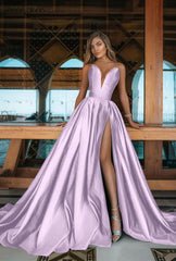 Emerald Green V-Neck Prom Dress Long with Split