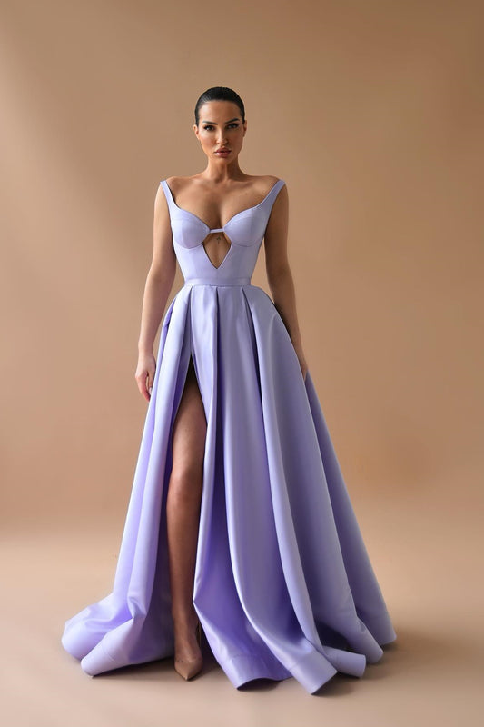 Stunning Lilac Straps Prom Dresses Split Long V-Neck Sleeveless