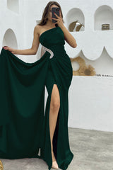 Dark Purple Split Sequins Mermaid One Shoulder Evening Dress with Long Ruffles