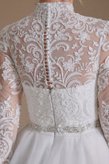 Elegant A-line Wedding Gown with High Neck, Long Sleeves, and Tulle Lace