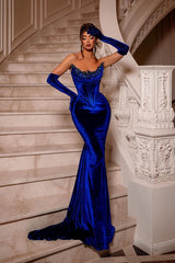 Chic Royal Blue Strapless Mermaid Prom Dress Velvet With Beads