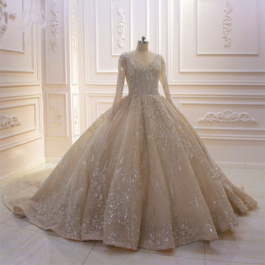 Elegant V-neck Ball Gown with Long Sleeves, Sequins, Beading, and Ruffles