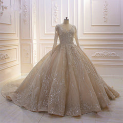 Elegant V-neck Ball Gown with Long Sleeves, Sequins, Beading, and Ruffles