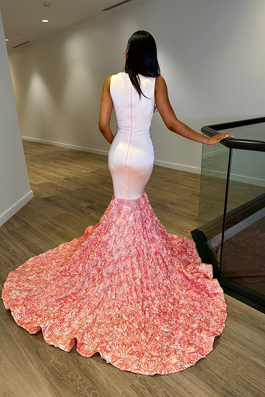 Elegant Coral Evening Dress Sequins Long Flower With V Neck Tulle