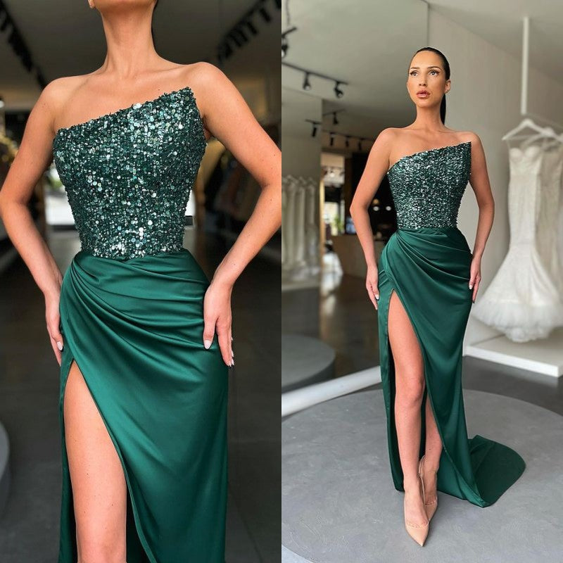 Sequins Elegenat Long Dark Green Prom Dress With Slit