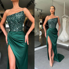 Sequins Elegenat Long Dark Green Prom Dress With Slit