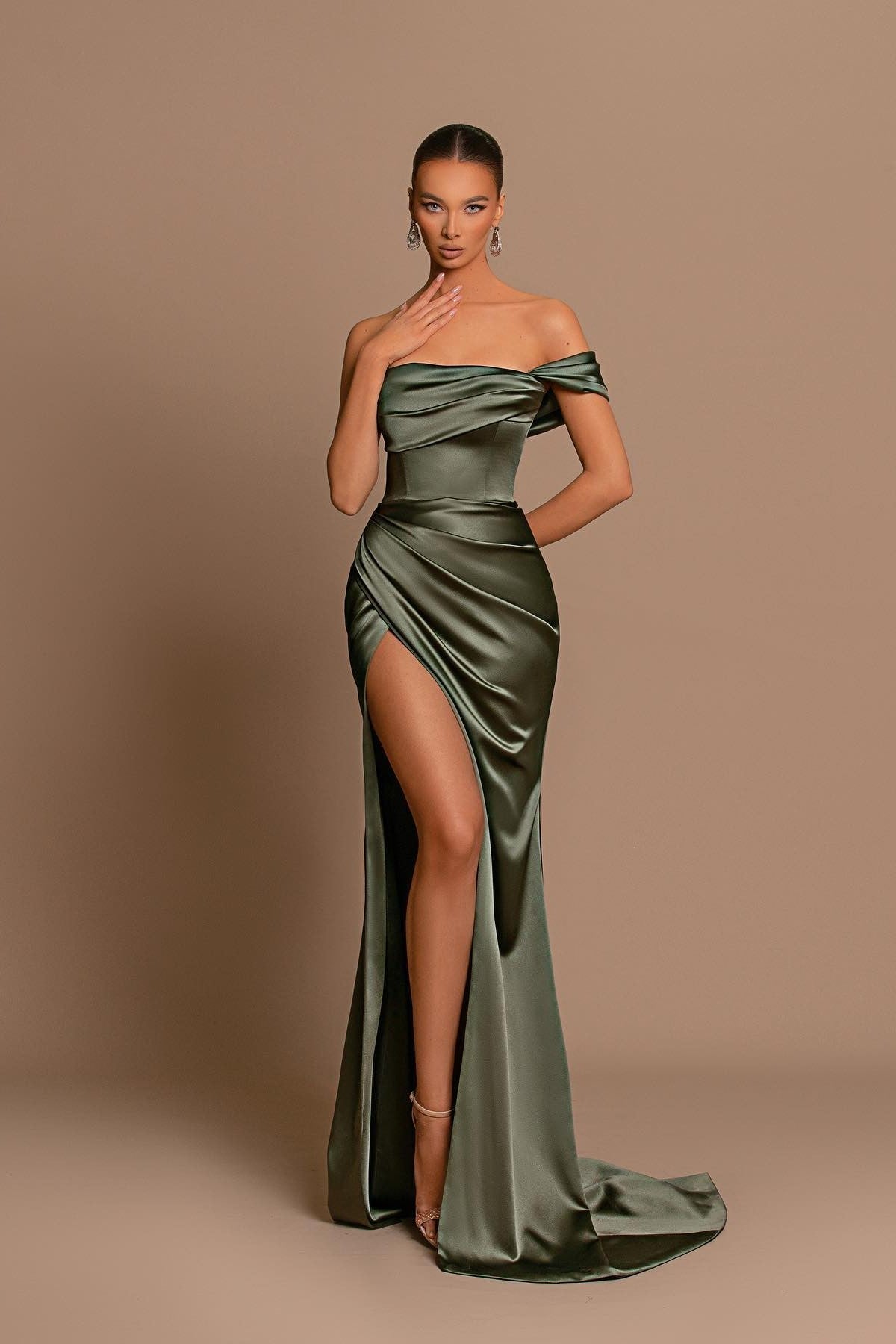 Charming Sage Green Evening Dress Off the Shoulder Sleeveless Slit Pleated