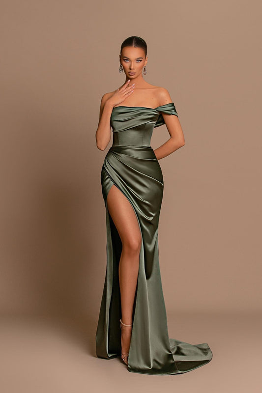 Charming Sage Green Evening Dress Off the Shoulder Sleeveless Slit Pleated