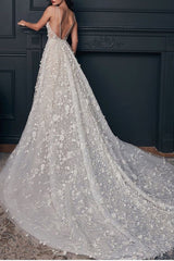 Long A-Line Wedding Gown with Sheer Straps and 3D Floral Details