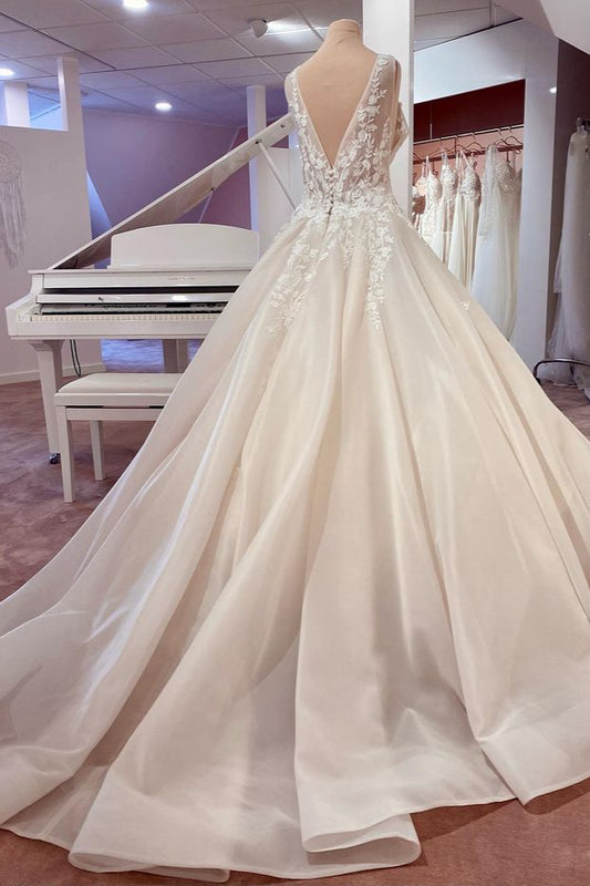 Sweetheart Wedding Dress with Wide Straps, Lace Backless Design, and Ruffles Appliques
