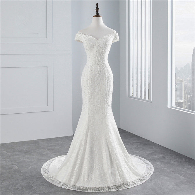 Elegant Floor-length Off-The-Shoulder Mermaid Bridal Gown With Lace