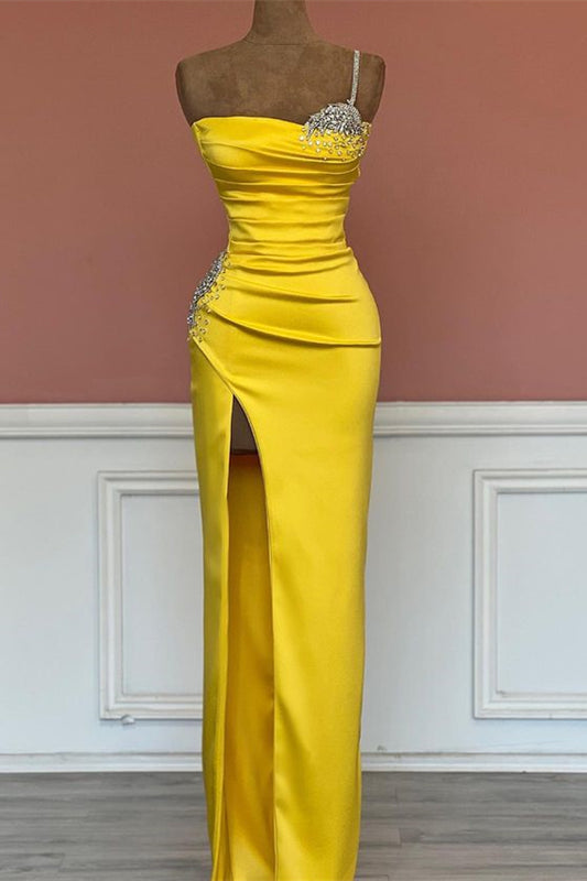Gorgeous Yellow One Shoulder Mermaid Prom Dress Beadings With Split