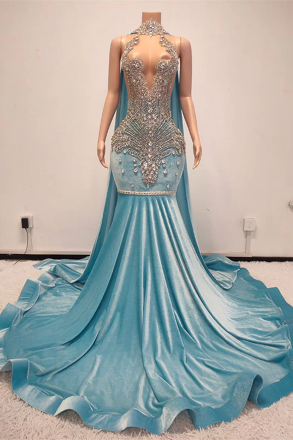 Modern Blue Velvet Mermaid Prom Dress Sleeveless High Neck Ruffle With Beadings