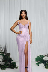 Gorgeous Red V-Neck Sequin Mermaid Prom Dress Sleeveless High Split