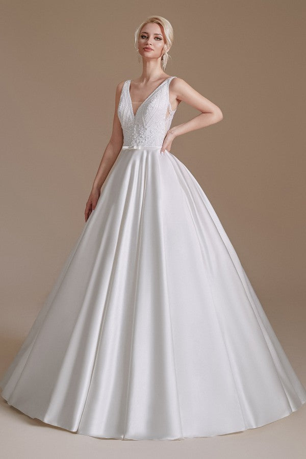 Elegant V-neck A-line Satin Wedding Gown with Lace Appliques