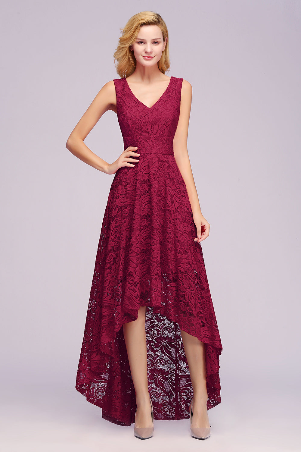 RjerStore Burgundy A-line Hi-lo V-neck Lace Dresses